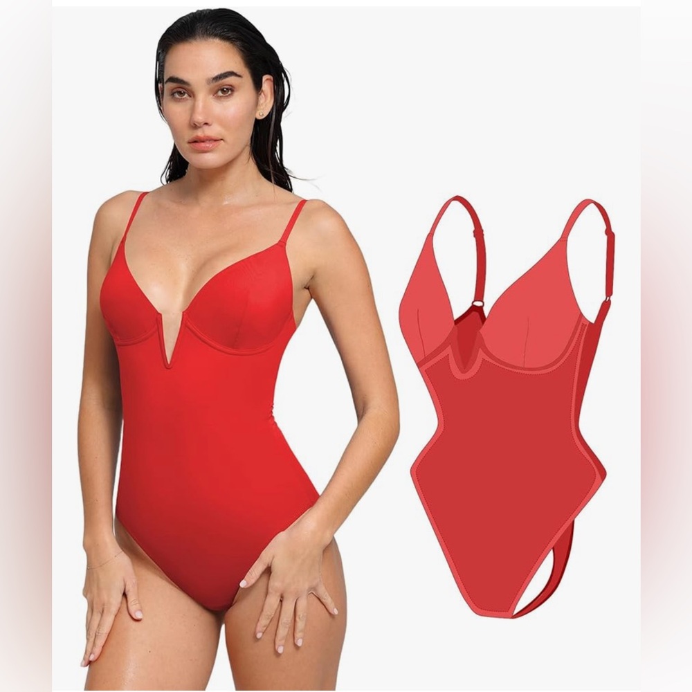 Popilush Red Swimsuit One Piece Deep V Neck Bathing Suit M Tummy Control